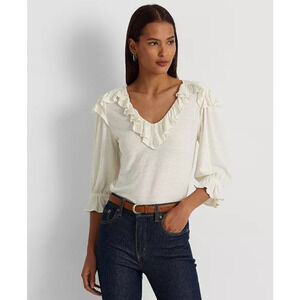Ralph Lauren Women's Ruffle-Trim Jersey Top Ivory V Neck Blouse Size XS 13845